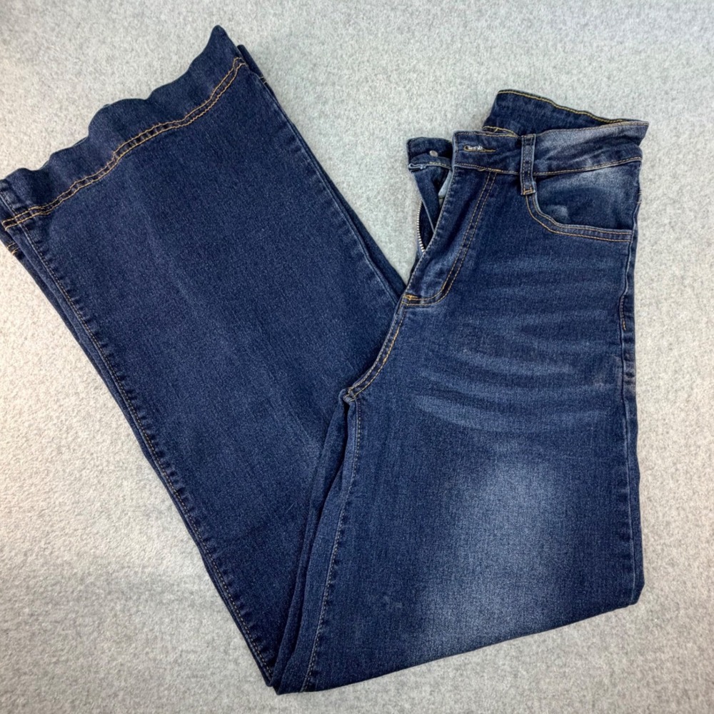 Womens Dark Wash Wide Leg High Waisted Denim Jeans Size Small Stretch Blue